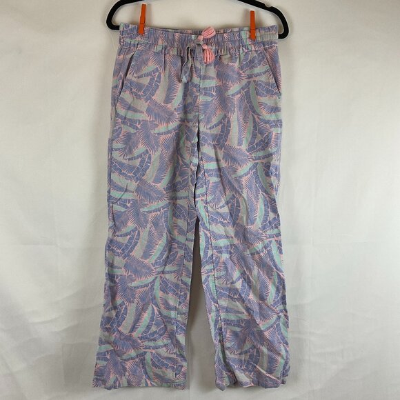 Vineyard Vines Linen Blend Pants XS Blue Pink Mint Leaf Print Elastic Tie Waist - Picture 1 of 11